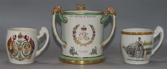 A Copeland George VI Coronation 3 handled commemorative mug and 2 other commemorative mugs (3)